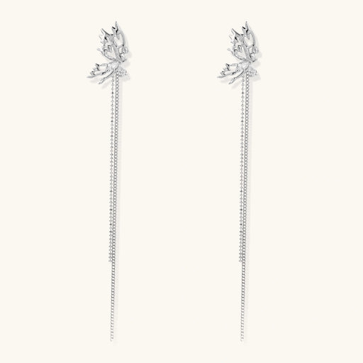 Silver-toned threader earrings featuring detailed fairy figure with wings and dual delicate chain strands, zirconia accents