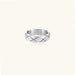 Braided stainless steel band ring with geometric interwoven strands in brushed silver finish on white background